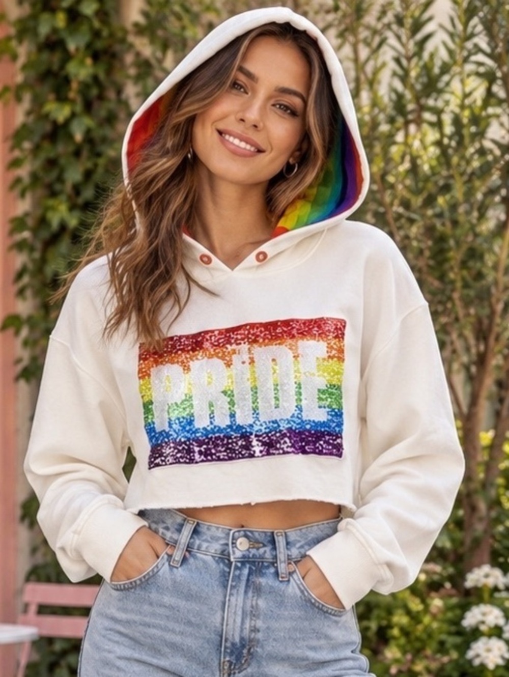 UGG Pride Keira cropped unisex hoodie with rainbow reversible sequin PRIDE M